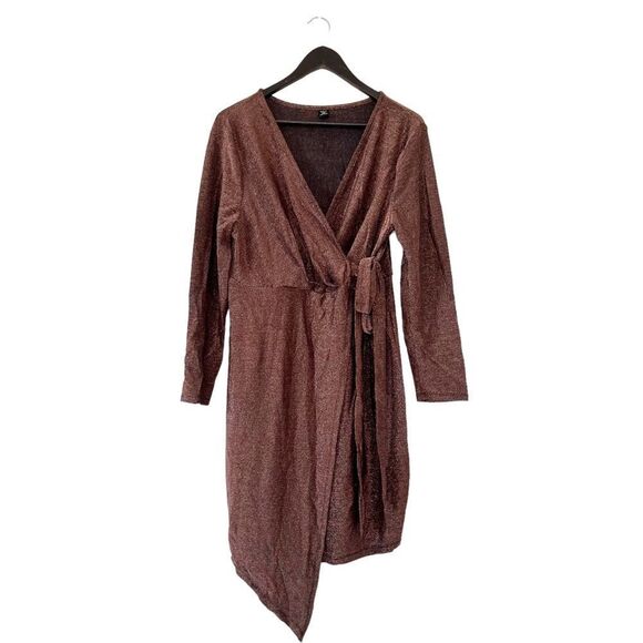 SHEIN BAE Bronze Plus Surplice Neck Wrap Knot Glitter Dress - Picture 2 of 11